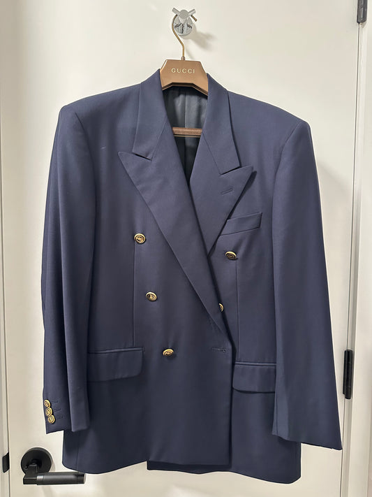 Corneliani Dark Navy Double-Breasted Blazer — Super 100 Wool (48R)